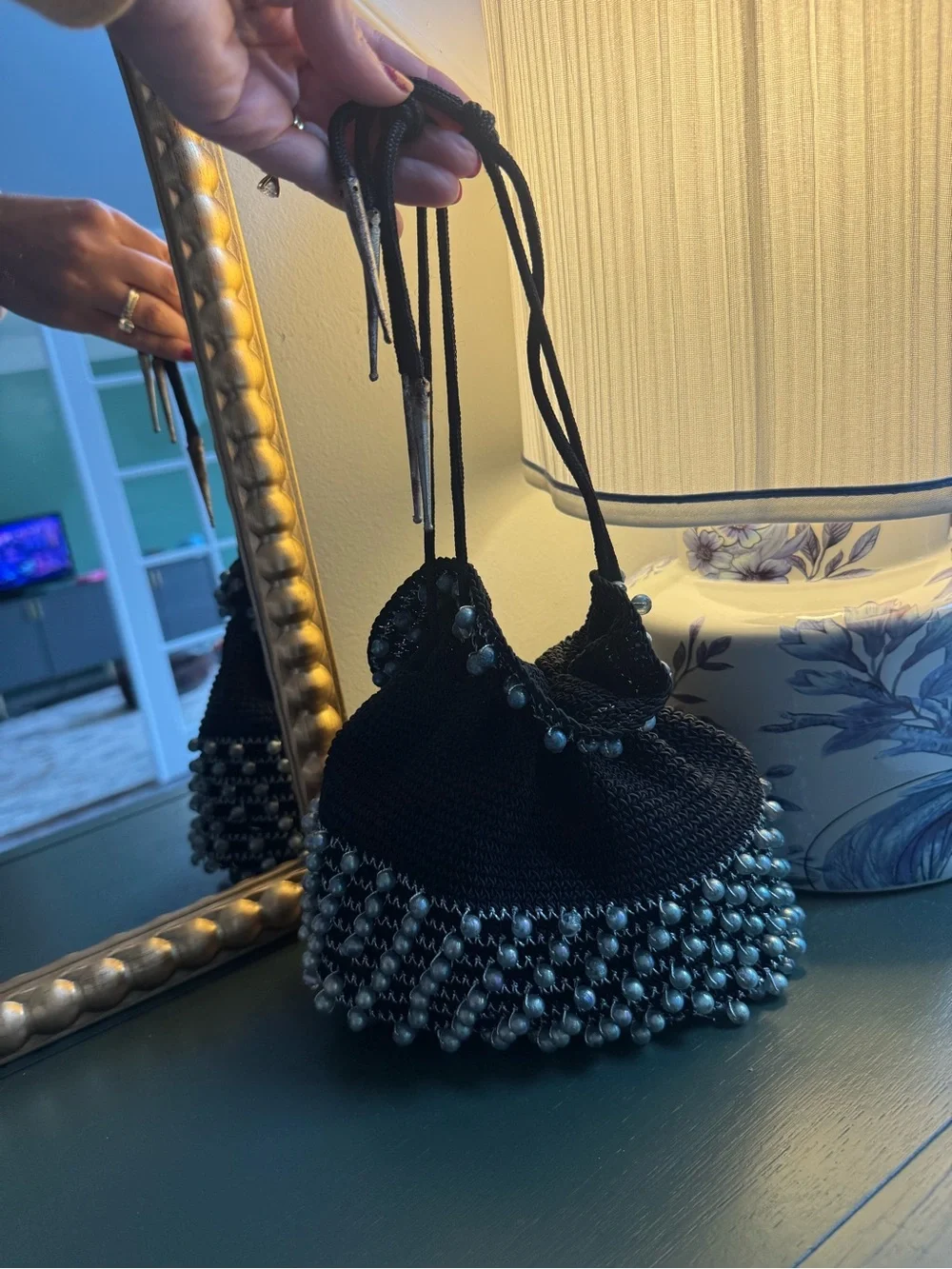 Vintage Women's Black Beaded Drawstring Pouch Bag